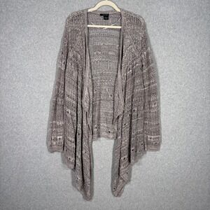 DKNY Crochet Open Knit Cardigan Sweater 1X Oatmeal Metallic Waterfall Drape Wrap